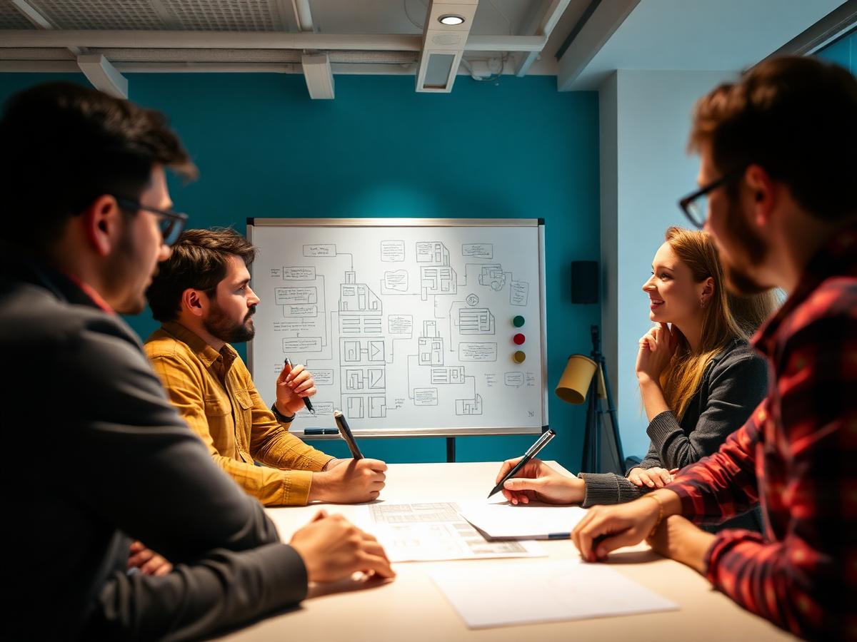 Designers mapping out a game level on a whiteboard